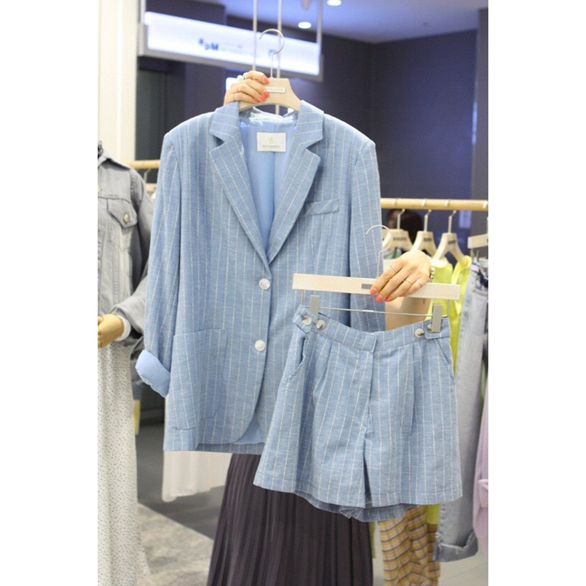 Plus size Korean Striped Thin Cotton Linen Suits Jackets Women Clothing Shorts+Blazer Two-piece Sets Female - Jointcorp