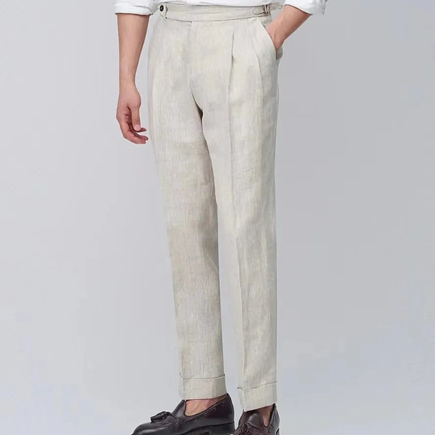 Italian retro Naples high waist casual pants men's summer Paris button pure linen pants slim trousers japanese fashion Oversize