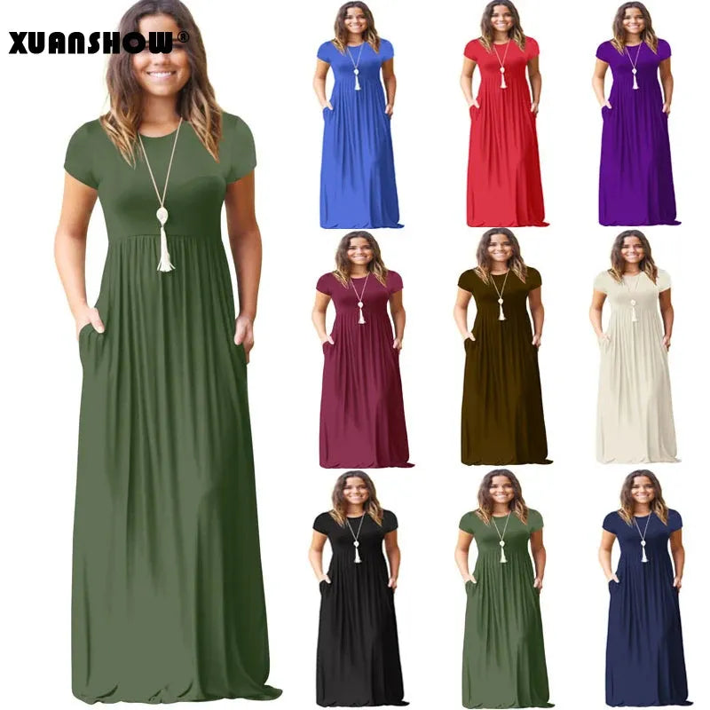 XUANSHOW 2024 Women's Solid Color Pocket Long Dresses Short Sleeve Spring Summer Maxi Dress T Shirt Dress vestido de mujer