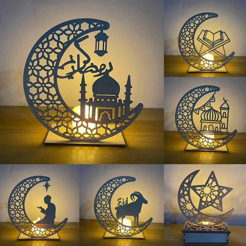 EID MUBARAK Star Moon Wooden Pendant LED Candles Stand table Ornaments Ramadan Kareem Home Decoration Islamic Muslim Party Decor