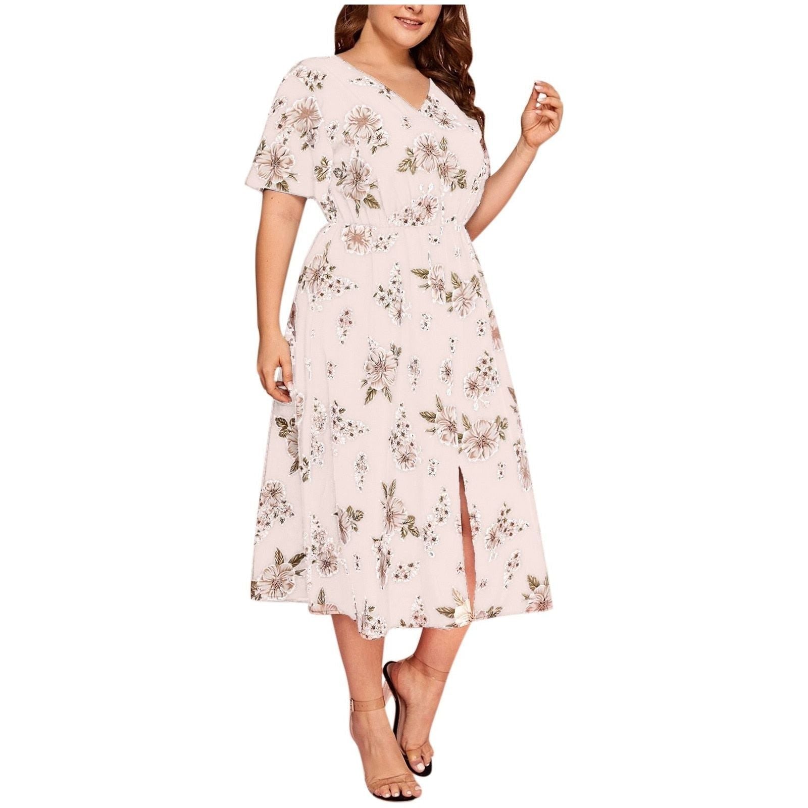 Plus Size Dresses Women Boho Beach Flower Print Midi Dress High Split Casual Dress Plus Size Women's Clothing - Jointcorp