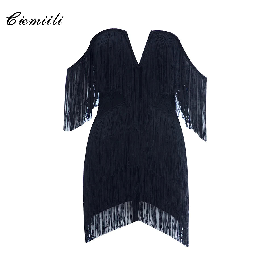 CIEMIILI New Women Fashion Tassel Bandage Dress Sexy V Neck Off Shoulder Bodycon Nightclub Celebrity Female Party Mini Dresses