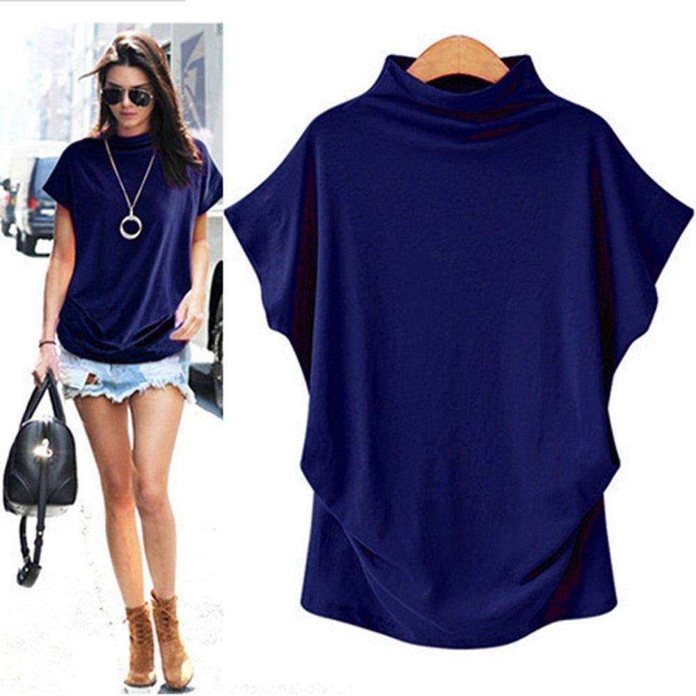 Women Casual Turtleneck Short Sleeve Cotton girl Solid Casual  Top Shirt female Plus Size Solid girl clothing fashion - Jointcorp