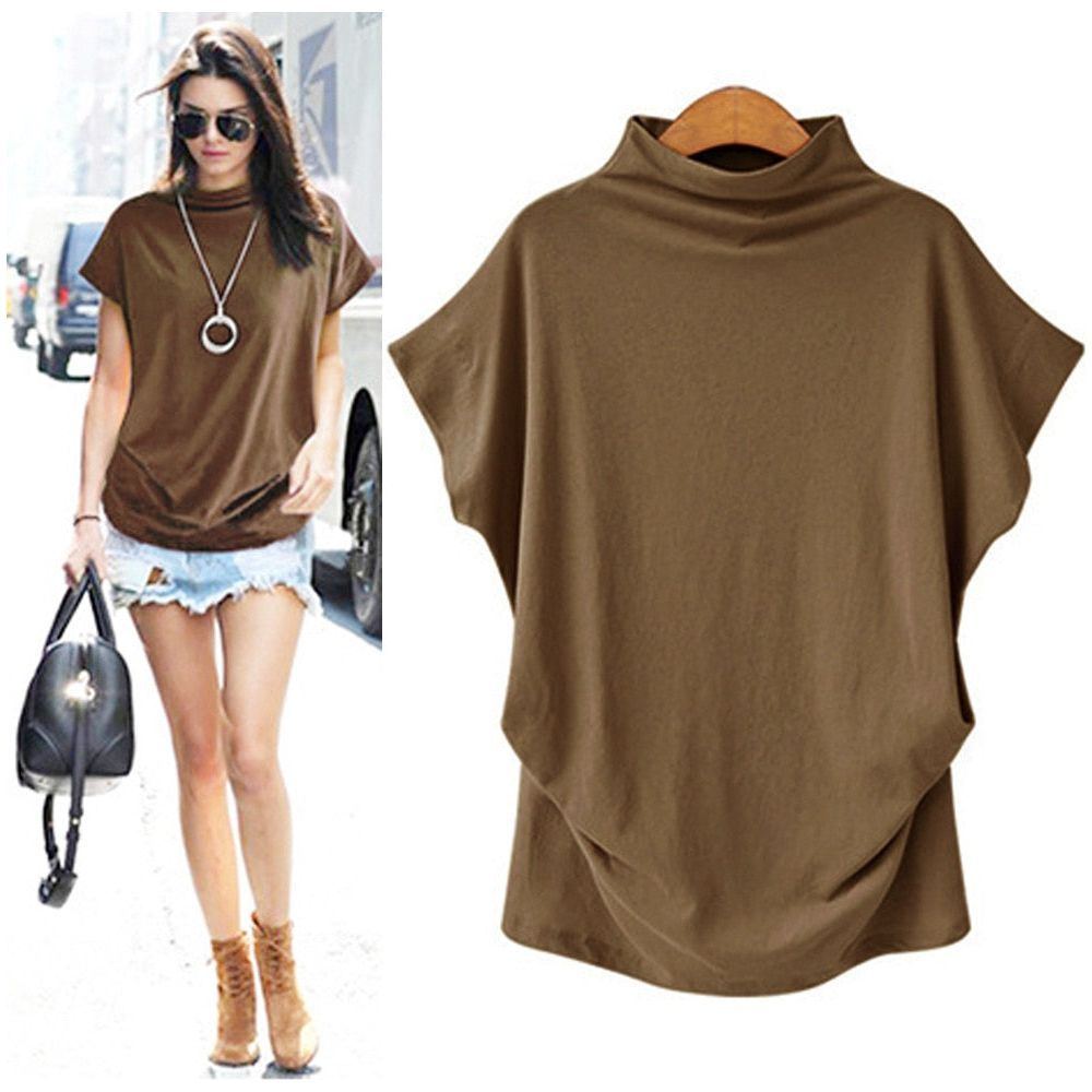 Women Casual Turtleneck Short Sleeve Cotton girl Solid Casual  Top Shirt female Plus Size Solid girl clothing fashion - Jointcorp