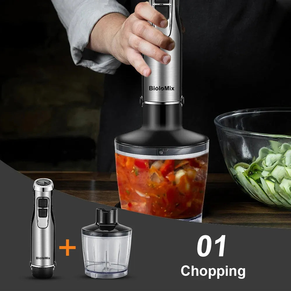 BioloMix 4 in 1 High Power 1200W Immersion Hand Stick Blender Mixer Includes Chopper and Smoothie Cup Stainless Steel Ice Blades