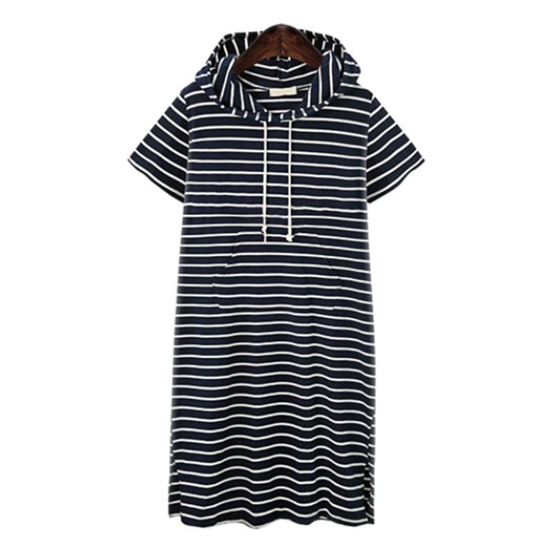 Hooded Short Sleeve Women Dress Casual Drawstring Striped Loose Split Pocket O Neck Ladies Dresses Plus Size - Jointcorp