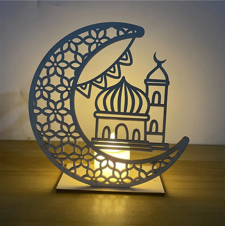 EID MUBARAK Star Moon Wooden Pendant LED Candles Stand table Ornaments Ramadan Kareem Home Decoration Islamic Muslim Party Decor