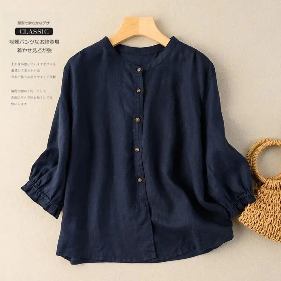 Linen Cotton Puff Sleeve Summer  Shirts Women Blouse  Ladies Loose Vintage Tops Half Sleeve Female Clothing Casual Plus size - Jointcorp