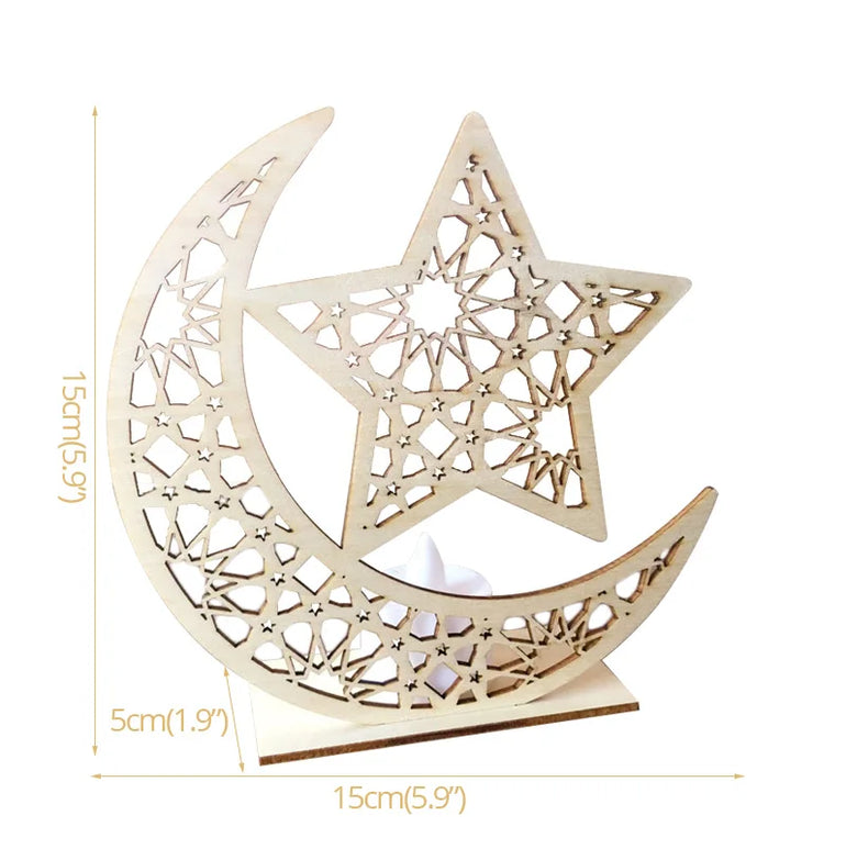 EID MUBARAK Star Moon Wooden Pendant LED Candles Stand table Ornaments Ramadan Kareem Home Decoration Islamic Muslim Party Decor