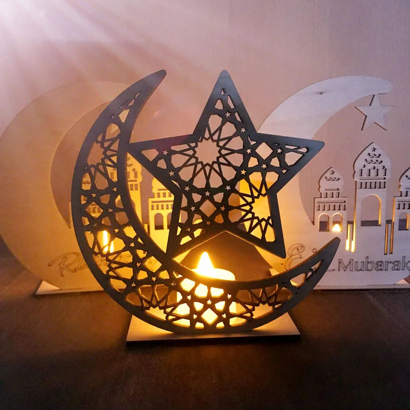 EID MUBARAK Star Moon Wooden Pendant LED Candles Stand table Ornaments Ramadan Kareem Home Decoration Islamic Muslim Party Decor