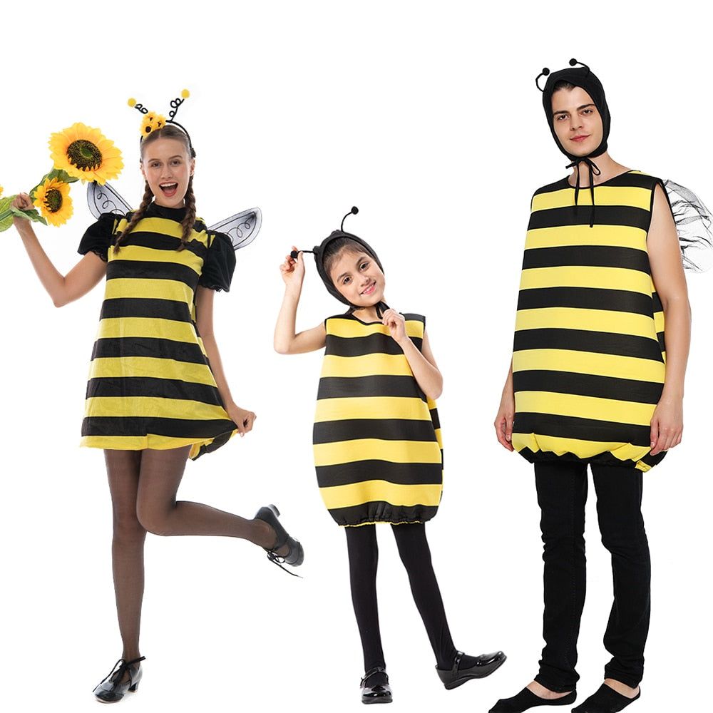 Reneecho Animal Costume Kids Bumble Bee Costume For Family Honey Bee Adult Cosplay Tunic Headpiece Suit Purim Carnival Costume