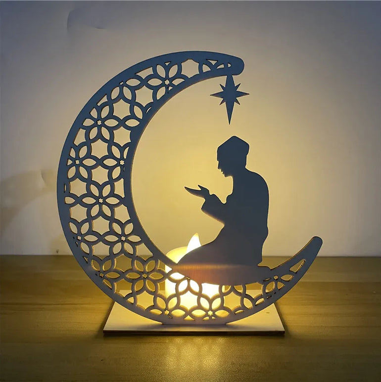 EID MUBARAK Star Moon Wooden Pendant LED Candles Stand table Ornaments Ramadan Kareem Home Decoration Islamic Muslim Party Decor