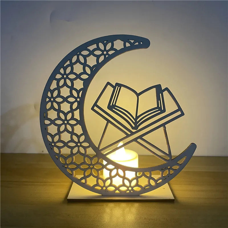 EID MUBARAK Star Moon Wooden Pendant LED Candles Stand table Ornaments Ramadan Kareem Home Decoration Islamic Muslim Party Decor