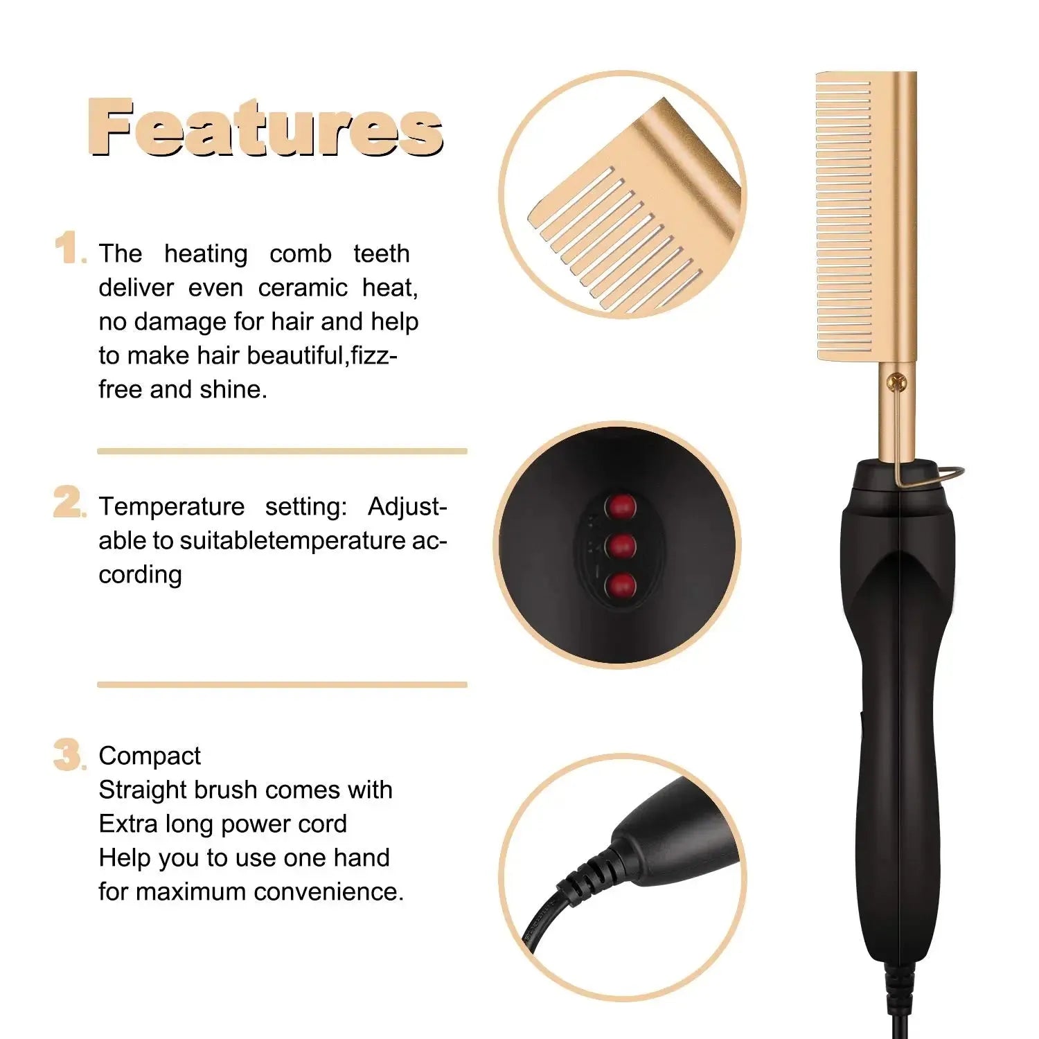 2 in1 Hot Comb Hair Straightener Electric Heating Comb Fast Heating Portable Travel Anti-Scald Beard Straightener Press Comb