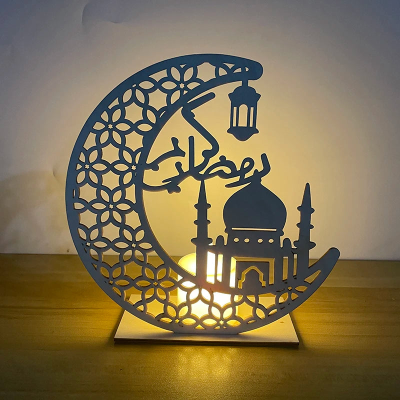 EID MUBARAK Star Moon Wooden Pendant LED Candles Stand table Ornaments Ramadan Kareem Home Decoration Islamic Muslim Party Decor