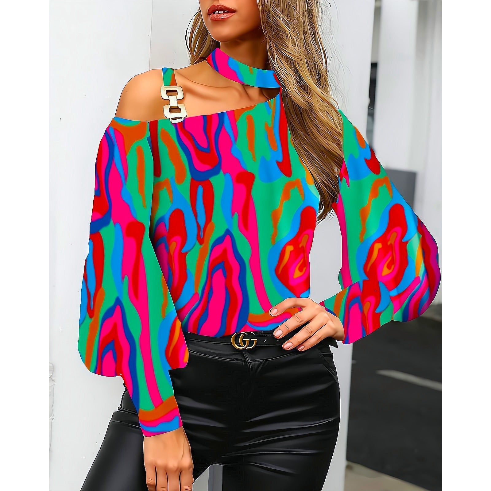 Women's Long-sleeved Printed Metal Buckle Halter Shirt