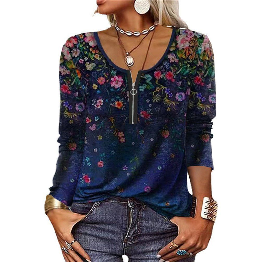 Women's Graceful And Fashionable Long Sleeve Zip Ethnic T-shirt