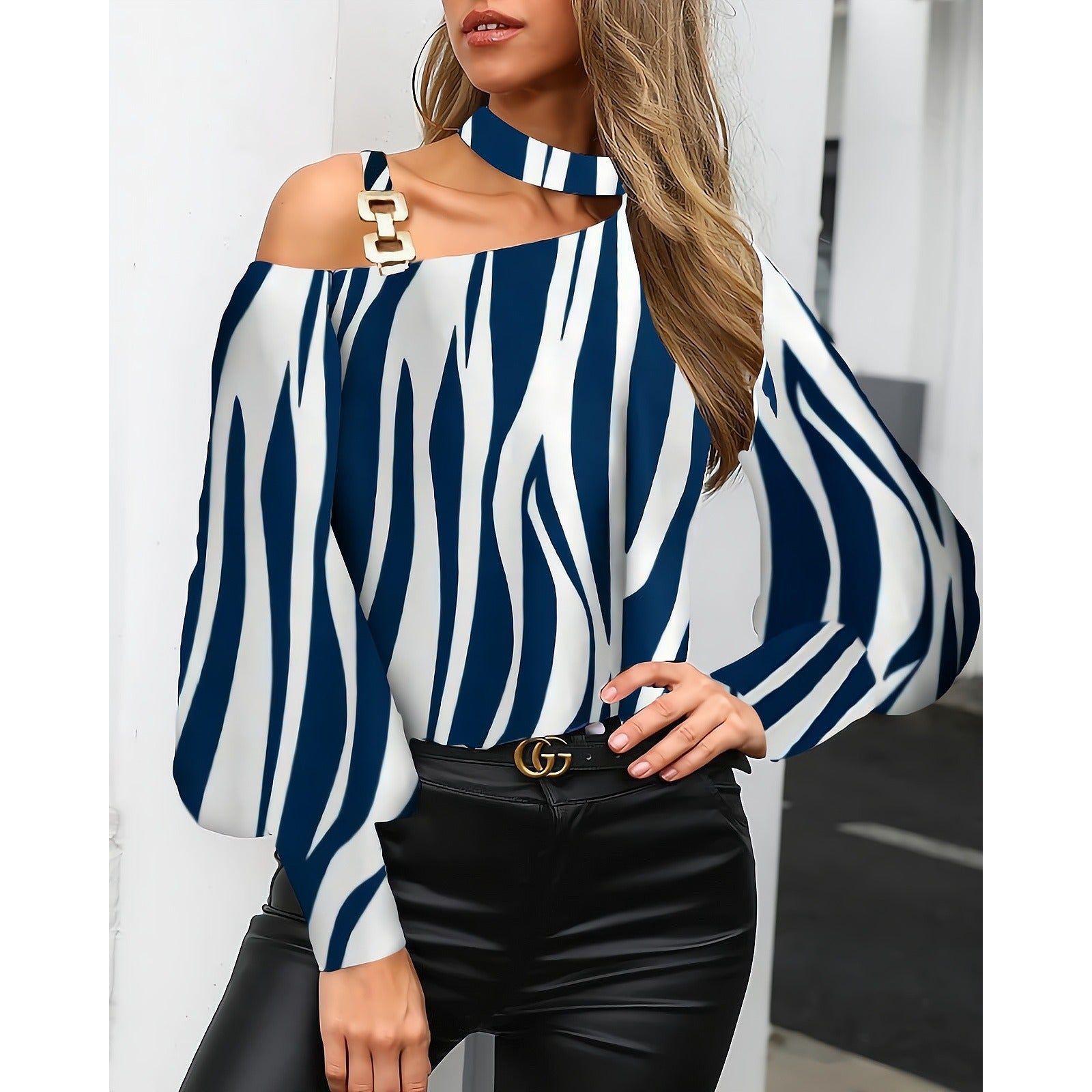 Women's Long-sleeved Printed Metal Buckle Halter Shirt