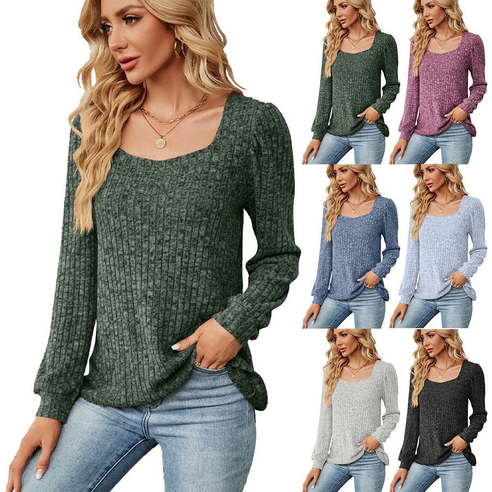 Women's Solid Color Rib Fabric Square Collar Loose Long-sleeved T-shirt Top