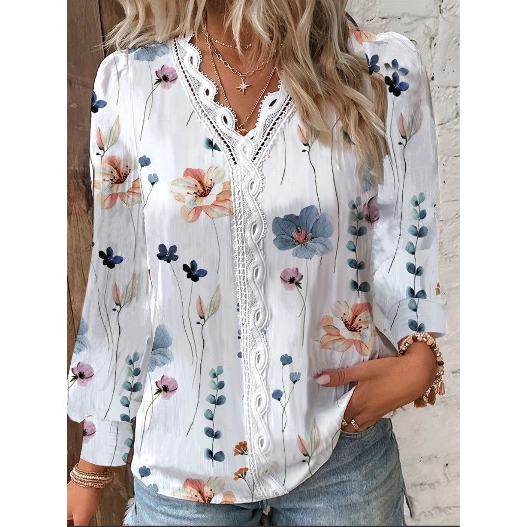 Women's Long Sleeve V-neck Lace Stitching Shirt