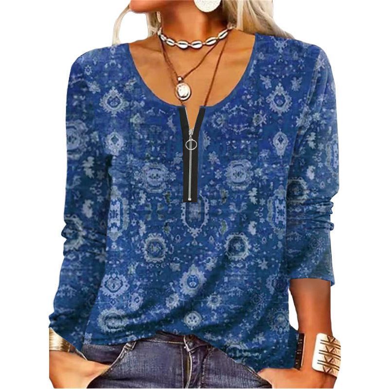 Women's Graceful And Fashionable Long Sleeve Zip Ethnic T-shirt