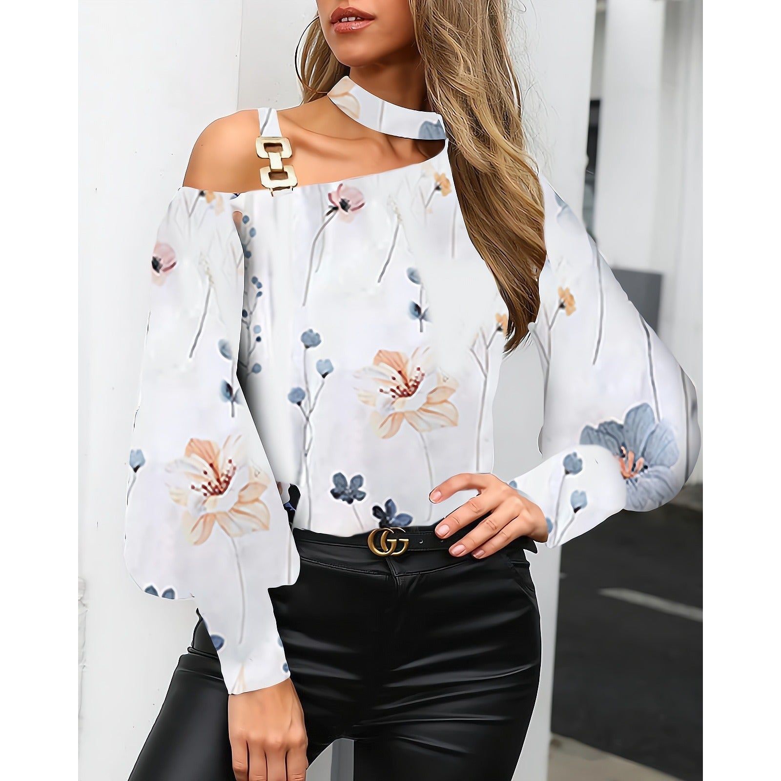 Women's Long-sleeved Printed Metal Buckle Halter Shirt