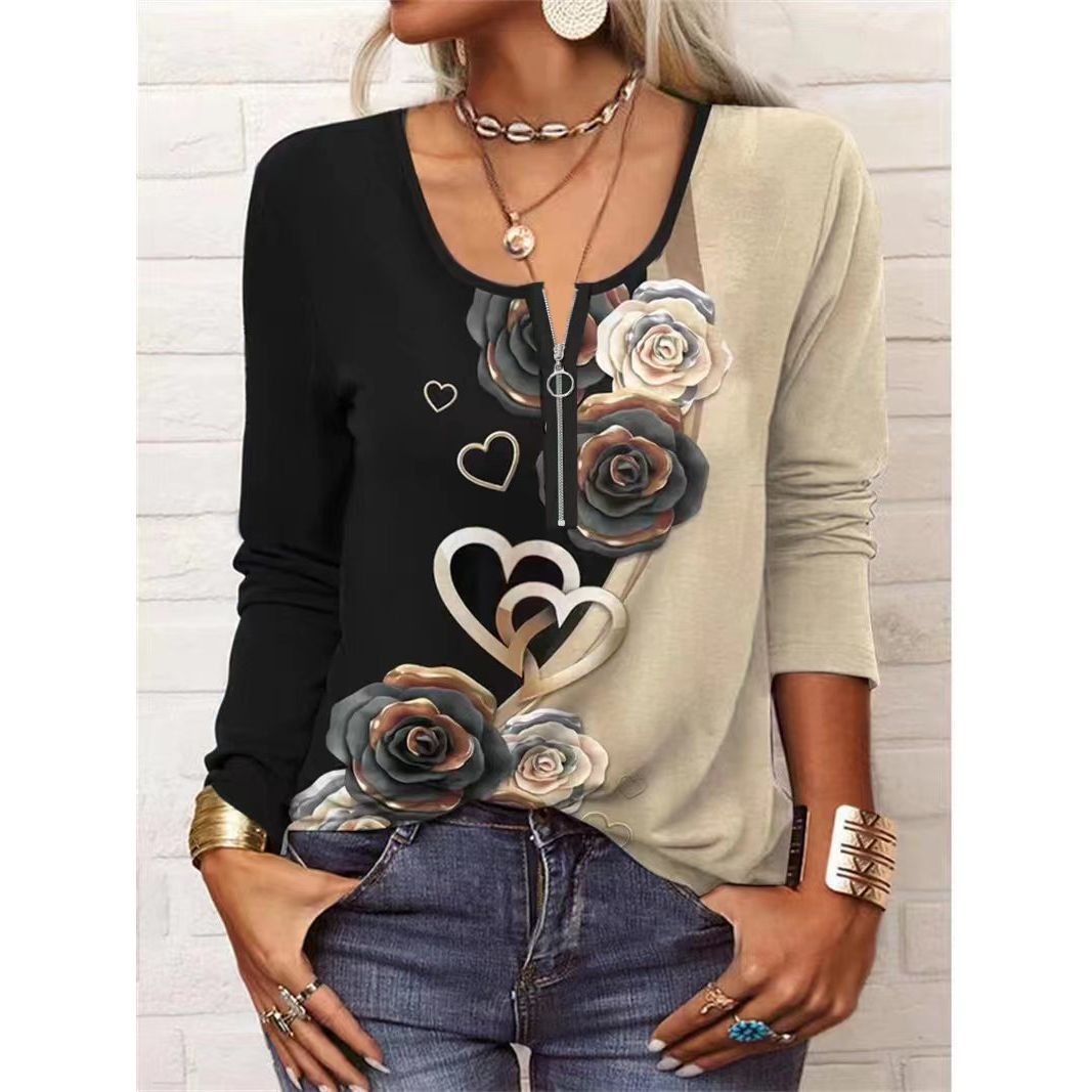 Women's Graceful And Fashionable Long Sleeve Zip Ethnic T-shirt