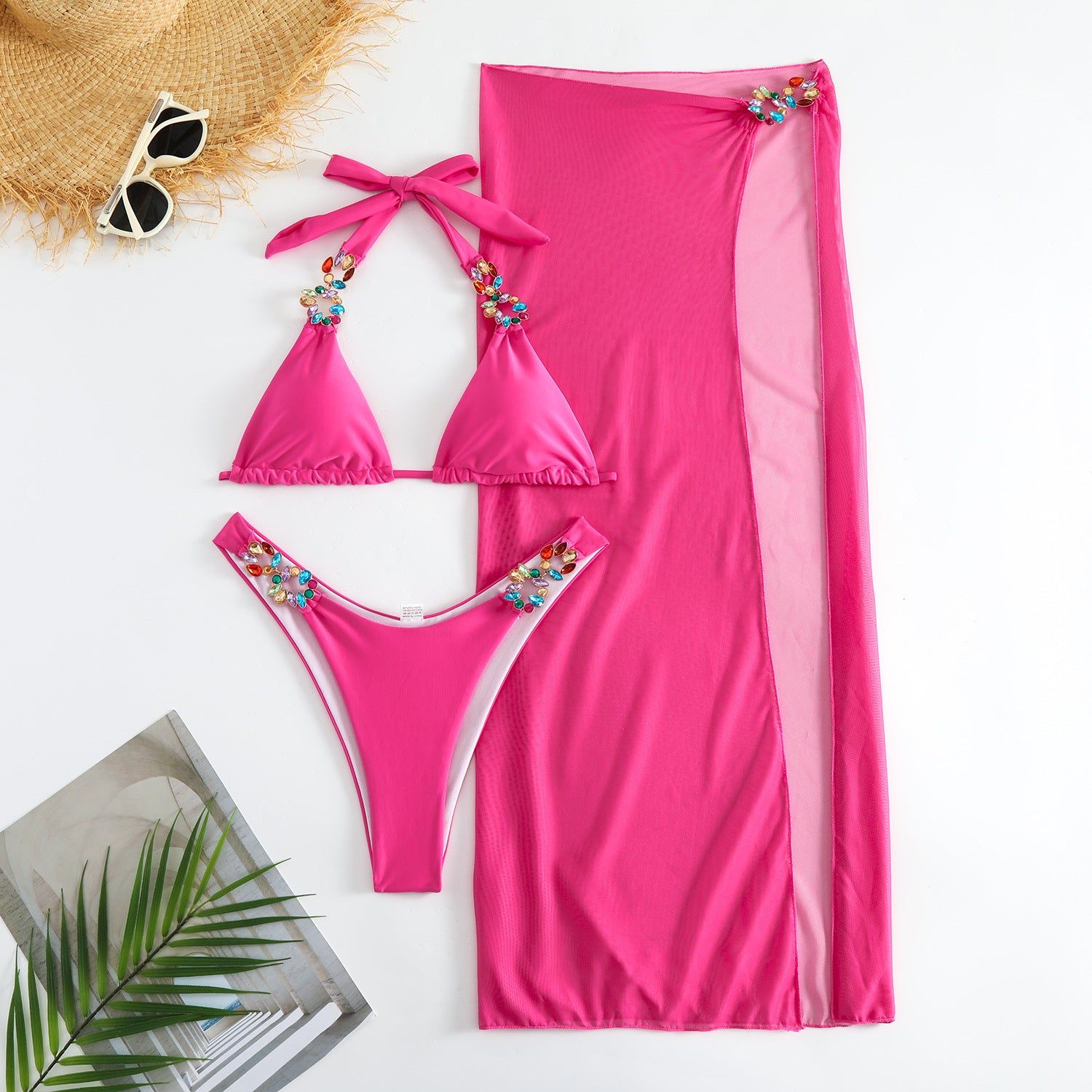 Light Diamond Solid Color Long Skirt Mesh Three Piece Swimsuit Bikini