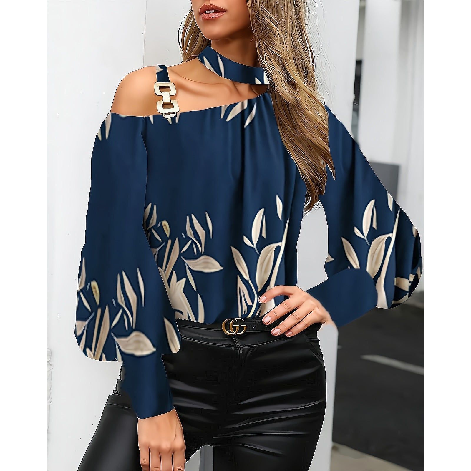 Women's Long-sleeved Printed Metal Buckle Halter Shirt