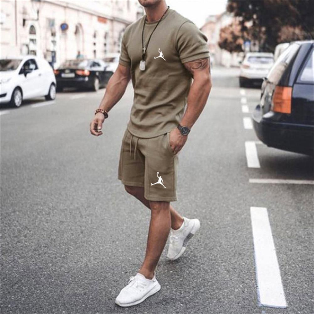 Men's Sportswear Cotton T-shirt+Shorts Two Piece Jogging Fitness Sports Casual Set