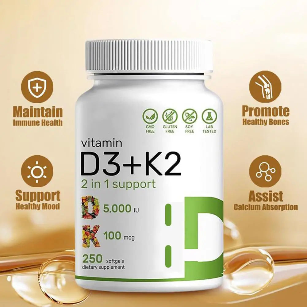 3 Bottles Vitamin D3+K2 Capsule - Help Regulate Calcium Metabolism Promote Bone Teeth And Skin Health Support Immunity