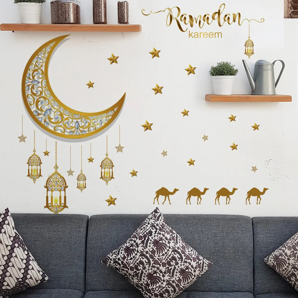 Crescent Star Lamp Wall Stickers Living Room Bedroom Background Home Decoration Wallpaper For Ramadan Decor Self Adhesive Decals