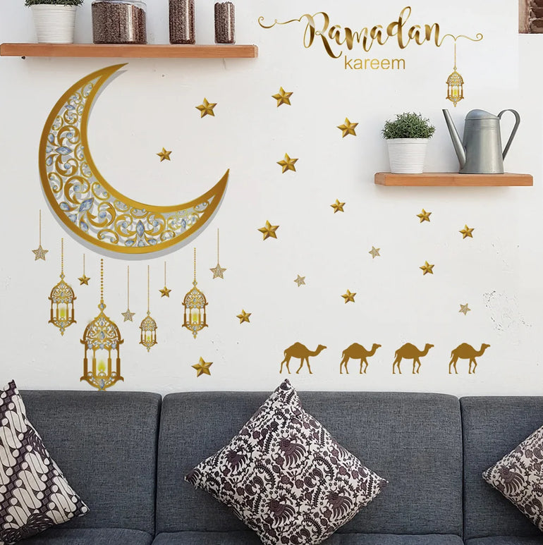 Crescent Star Lamp Wall Stickers Living Room Bedroom Background Home Decoration Wallpaper For Ramadan Decor Self Adhesive Decals