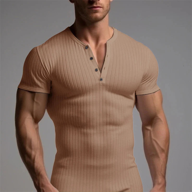 Casual Ribbed Solid Color Mens T-shirts Leisure O Neck Button Short Sleeve T Shirt Summer Men Sports Fashion Plain Tee Pullovers