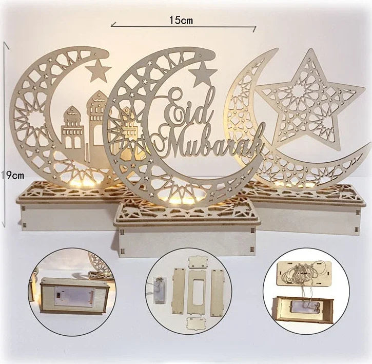 EID Mubarak Wooden Ornament Moon LED Candle Light Ramadan Decoration for Home Islamic Muslim Party Decoration Kareem Eid Al Adha