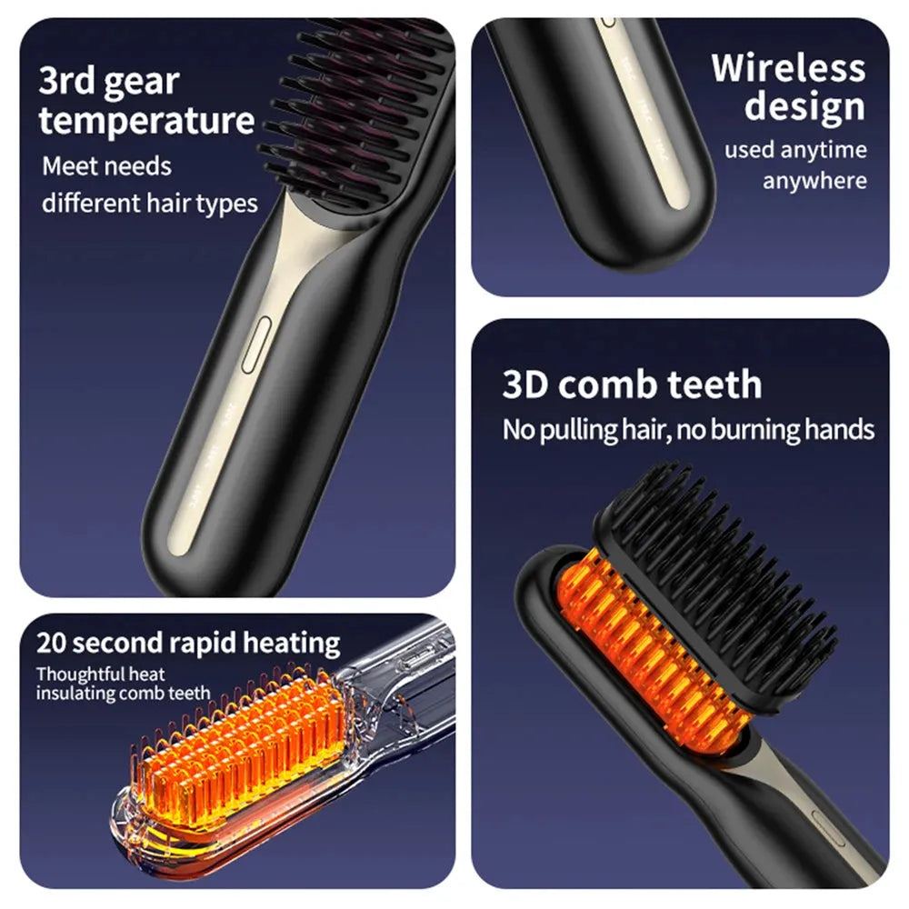 Wireless Hair Straightener Hot Comb Ceramic Heating Professional Electric Brush Smoothing Iron Negative Ion Hair Care Comb