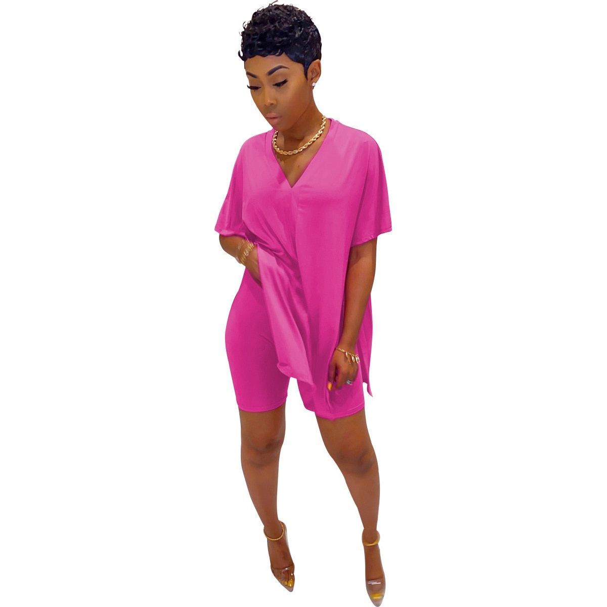 Women's plus-size two-piece suit: V-neck top & shorts, dolman sleeves, solid color - Jointcorp