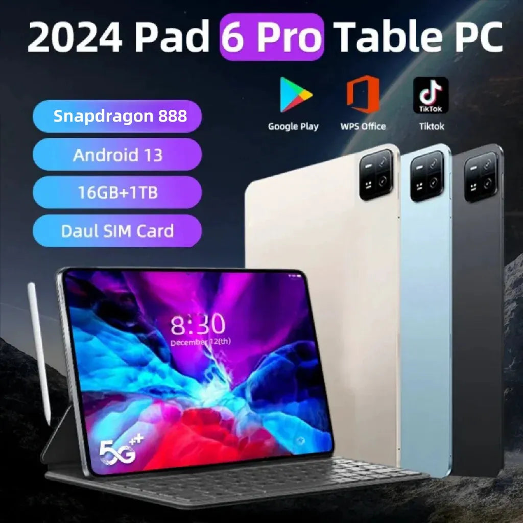 2024 Original Global Version Pad 6 Pro Xiao Tablets PC Snapdragon 888 Android 13 10000mAh 16GB+1TB 5G Dual SIM Card HD 4K Mi Tab