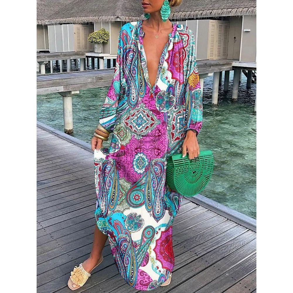 Women Boho Print Beach Cover Up 2023 Summer Sexy Deep V-Neck Long Sleeve Long Dresses Female Vintage Maxi Dresses Elegant Robe - Jointcorp