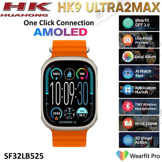 HK9 U2 Max AMOLED ChatGPT Smart Watch Compass 2GB ROM Bluetooth Call IP68 Waterproof Music Album NFC Sports Smartwatch Men Women