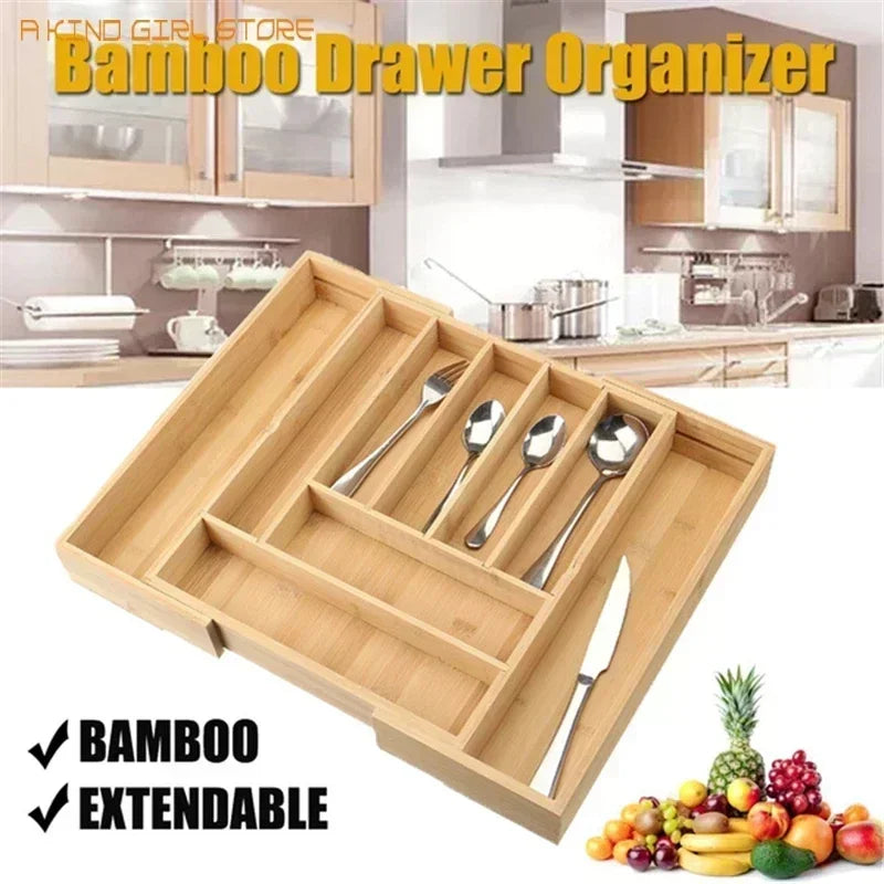 5-Grid Bamboo Drawer Organizer Kitchen knife Fork Cutlery Tray Expandable Utensil Flatware Storage Box For Kitchen & Home