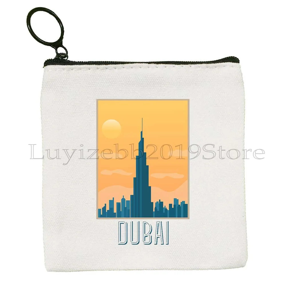 Dubai United Arab Emirates UAE Map Flag Asia Skyline Skyscraper Burj Khalifa Canvas Coin Purse Key Case Bag Wallet Zipper Pouch