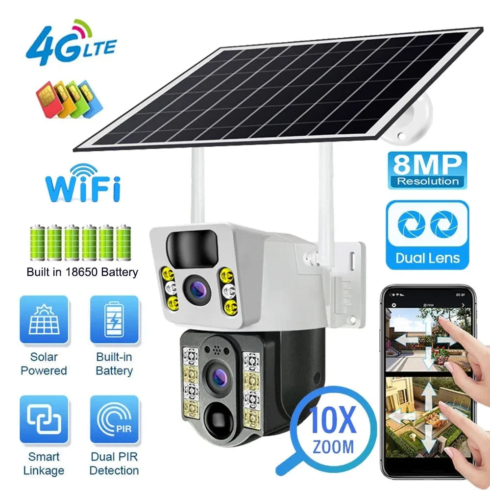 8MP 4K Wireless Solar Camera 4G Sim Outdoor Dual Lens Wifi IP Camera PIR Night Vision V380 Pro CCTV Security Protection Monitor