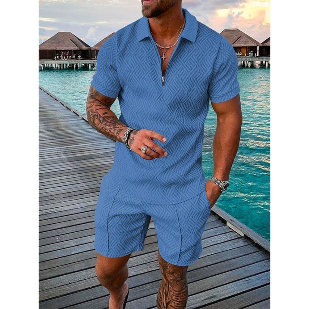 Men's Shorts Set Short Sleeve Zip Polo Shirt Street T-shirt Two Piece Casual Sportswear - Jointcorp