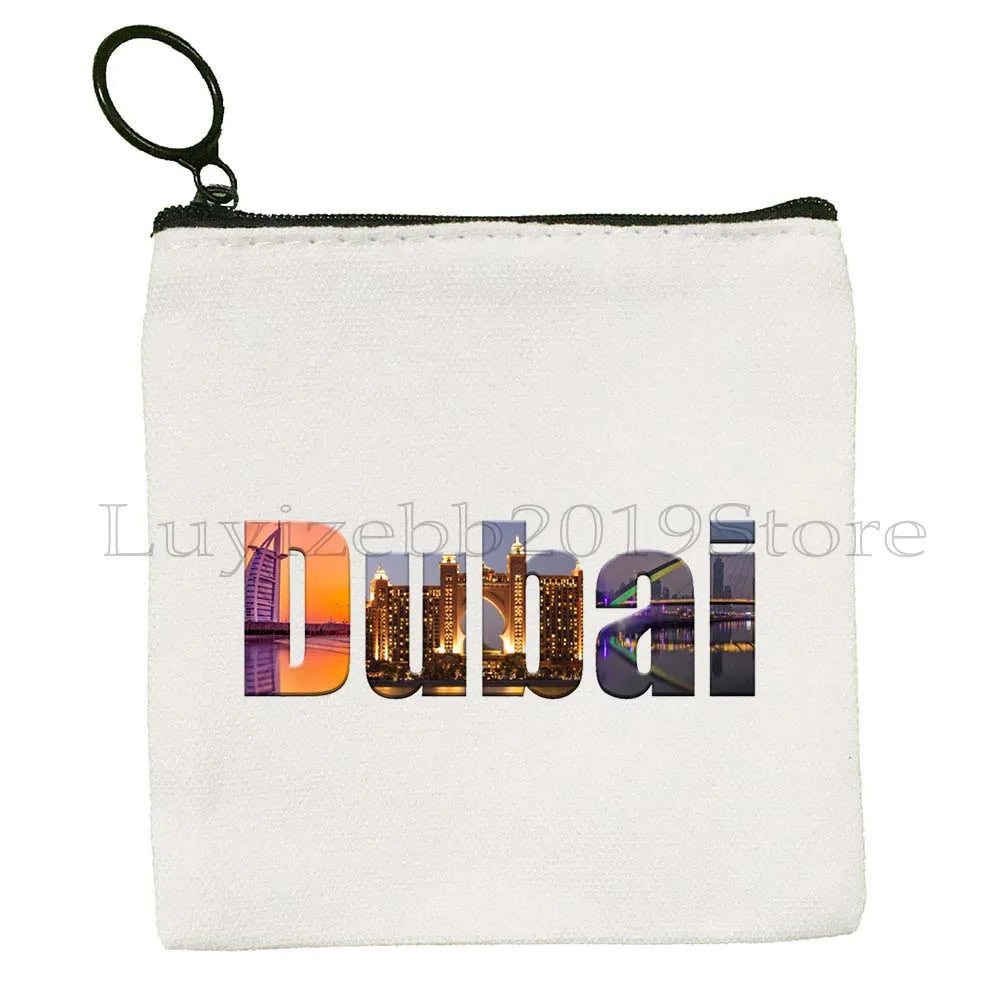 Dubai United Arab Emirates UAE Map Flag Asia Skyline Skyscraper Burj Khalifa Canvas Coin Purse Key Case Bag Wallet Zipper Pouch