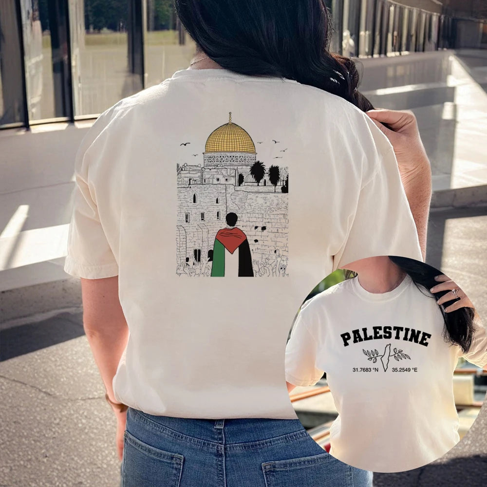 Palestine Map Harajuku Print T-Shirt Palestine Al Aqsa Mosque T-Shirt Palestine Flag Jerusalem Co-ordinates top Human Rights Tee