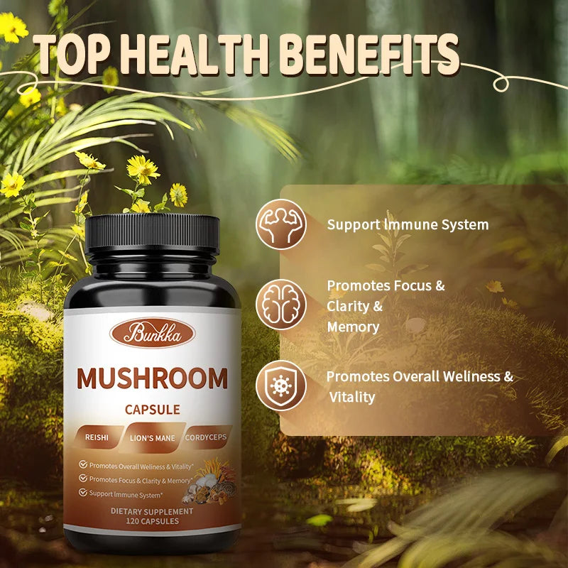 Original Mushroom Complex Capsules with Lions Mane Chaga Cognitive Brain Function Stress Relieves Beauty Health Diet Supplement