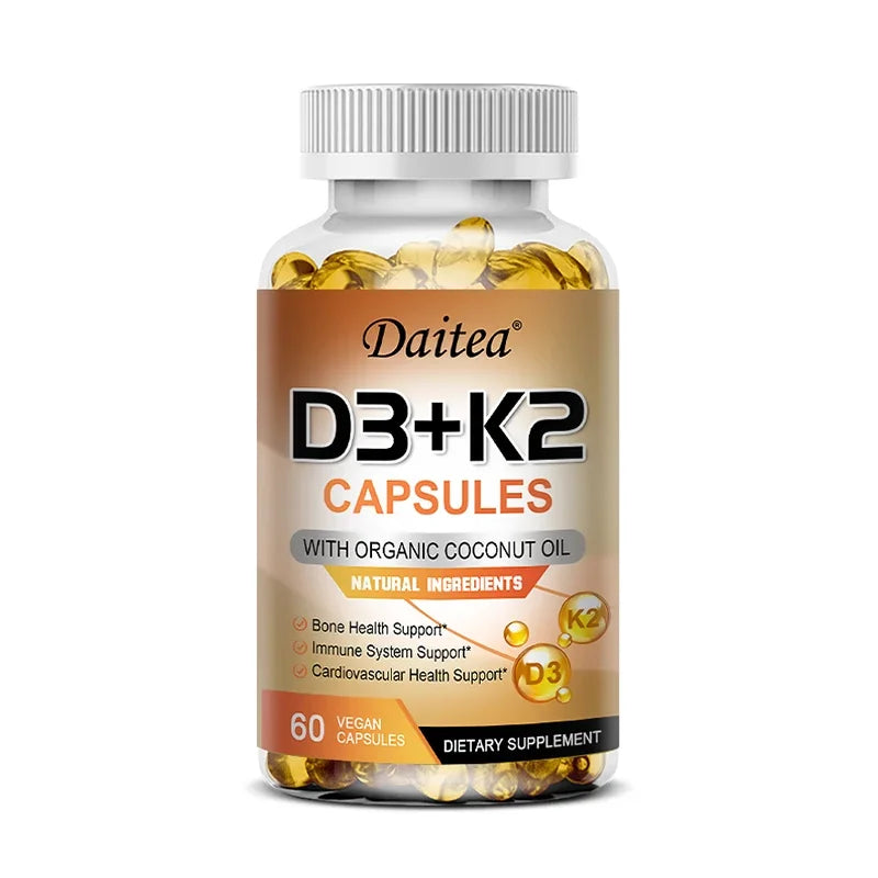 Vitamin D3+K2 - D3 (5000IU) K-2 (200MCG) Bone, Immune, Cardiovascular - Non-GMO, Vegan, Natural, Gluten-Free, Health Supplement