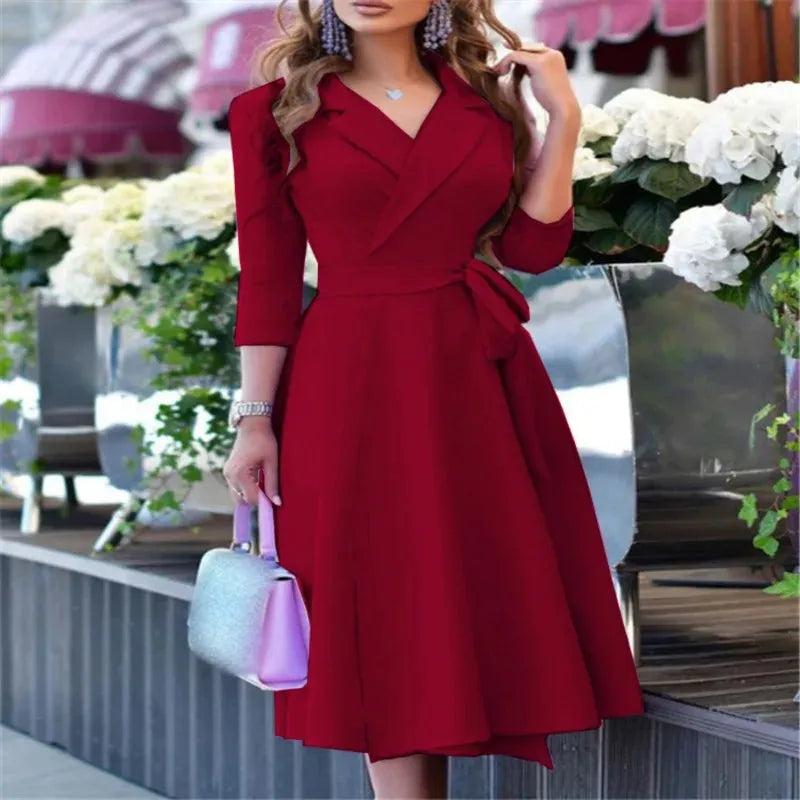 Women's Fashion V-neck Strap Waist Dress New Mid-sleeve Women's Dress Temperament Commuter Women's Dress