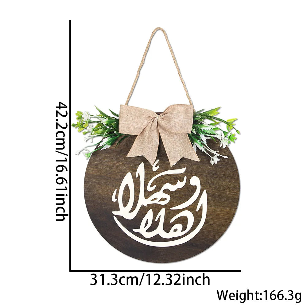 Ramadan Mubarak Door Wreath Round Wooden Hanging Sign Decor for Ramadan Kareem Decor Eid Mubarak Islamic Party Supplies